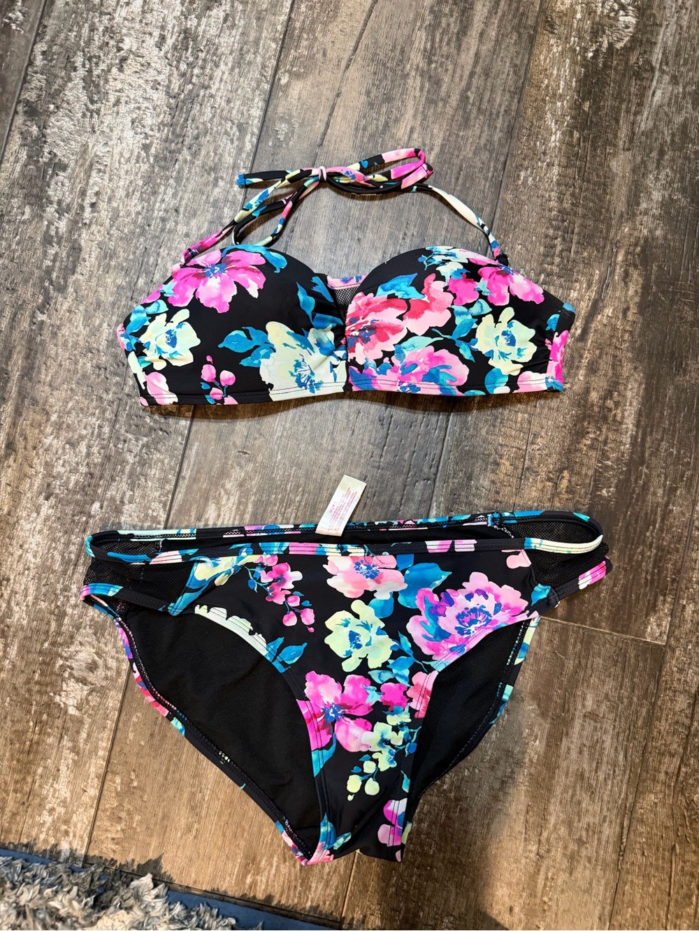 Black Floral Bikini Set with Pink & Blue Flowers
